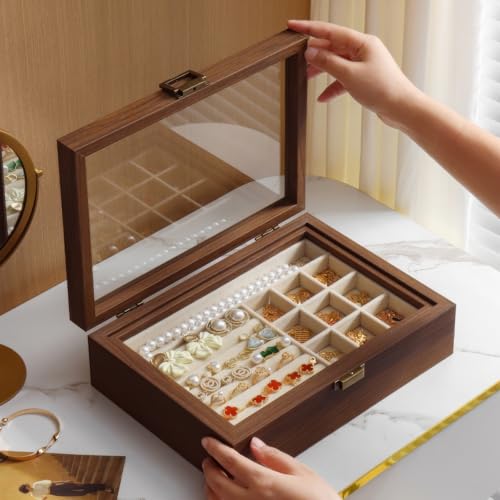 QINGTUHOME 2-Layer Glass Lid Walnut Jewelry Box for Women, Vintage Style Solid Wood Jewelry Organizer and Display Case, Id...