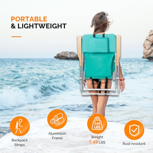 VINGLI 17" Tall Beach Chairs for Adults,Aluminum 4-Position Backpack Beach Chair with Wooden Armrests,Folding Lawn Chair f...