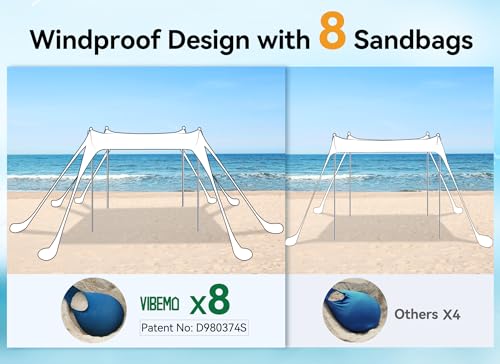 Vibemo Beach Tent, Beach Canopy Sun Shade with UPF50+ UV Protection, 10x10ft, Includes 8 Sandbags, Sand Shovel, Ground Peg...