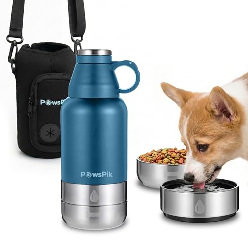 PawsPik 32oz 3-in-1 Travel Dog Water Bottle & Bowl Set – Stainless Steel Vacuum-Insulated Bottle with Detachable Food & Wa...