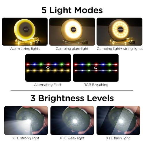 OGERY Camping String Lights, 4 in 1 Quick Storage 32.8FT Rechargeable Tent Lights String with 8 Lighting Modes, Hanging Wa...