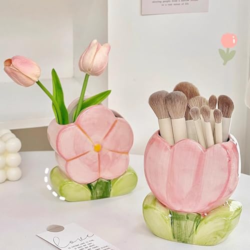 Busnos Pink Makeup Brush Holder Pen Holder for Office Desk Accessories Aesthetic Pencil Holder Cute Flower Home Decor Birt...