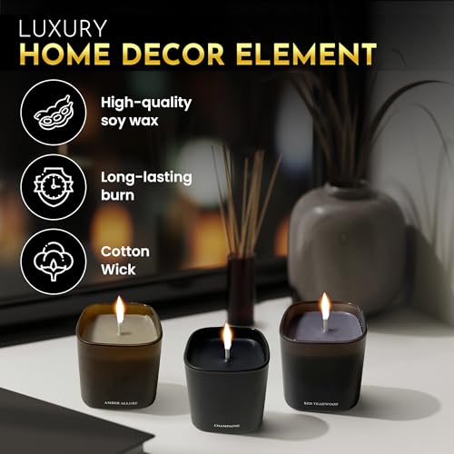 Candle Gift Set – 3 Scented Soy Candles, Clean Burn 50+ Hrs – Flower-Inspired Scents: Amber, Red Tea Wood, Champagne – Bul...