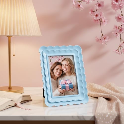 Fiwochic 4 x 6 Blue Scalloped Picture Frame Wavy Edge Blue Resin Photo Frame Gift Decorative Scalloped Design for Tabletop...