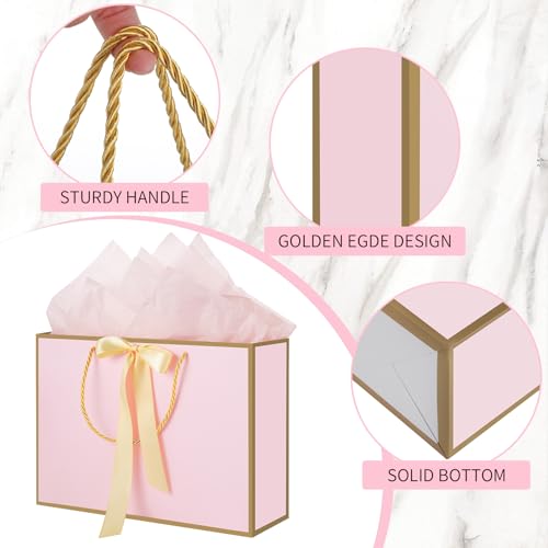woric Pink Gift Bags with Handles, 14" Medium Gift Bags with Tissue Paper, 2 Pcs Pink Bags with 4 Tissue Paper and 2 Cards...