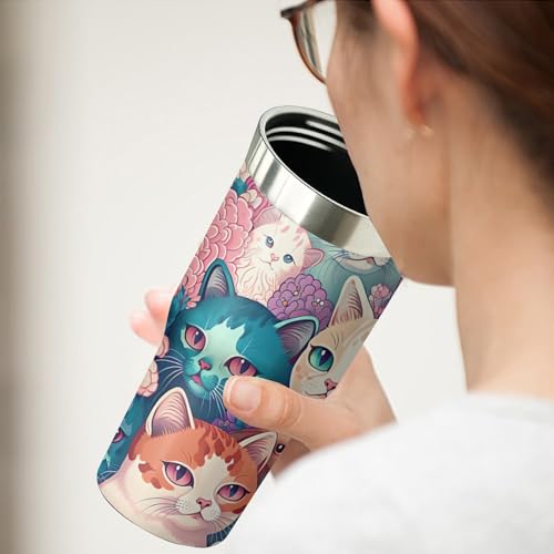 Xchearser Tumbler with Handle and Flip Straw for Women Men, 30oz Cute Cat Stainless Steel Insulated Cup, Water Bottle Trav...