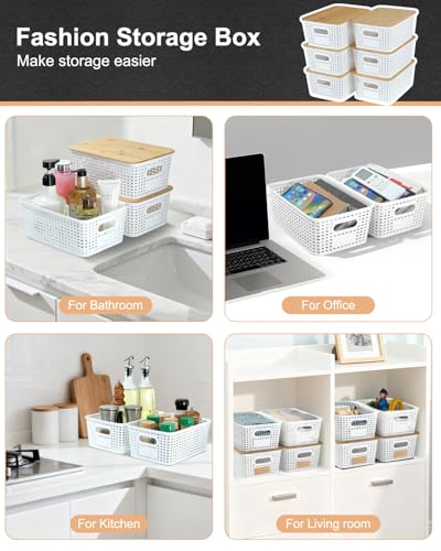 EOENVIVS Plastic Storage Baskets with Bamboo Lids for Pantry Organization and Storage Containers Bins for Shelves Drawers ...