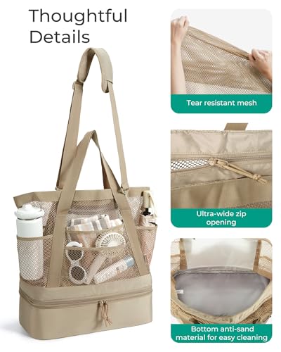 BAGSMART Beach Bag for Women, Mesh Tote Bags with Zipper, Sandproof Vacation Essentials with Cooler for Swim Cruise Pool