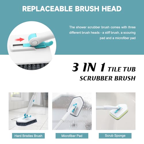 nacena Shower Scrubber with Long Handle, 3 in 1 Tile Tub Scrubber Brush with 3 Detachable Cleaning Heads Adjustable Handle...