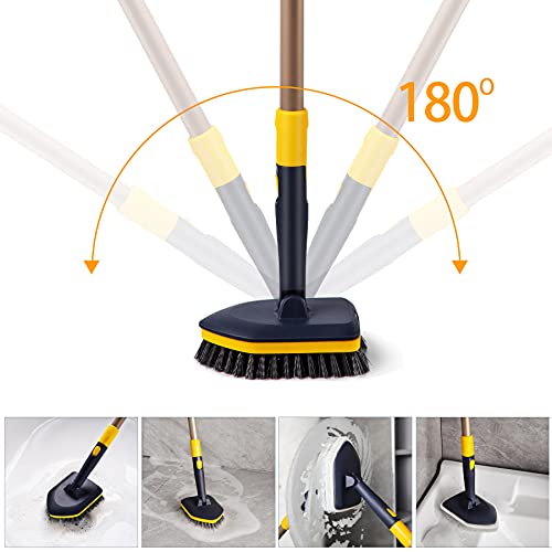 Yocada Tub Tile Scrubber Brush 2 in 1 Cleaning Brush 58.2 Inch Adjustable Telescopic Pole Stiff Bristles Scouring Pads for...