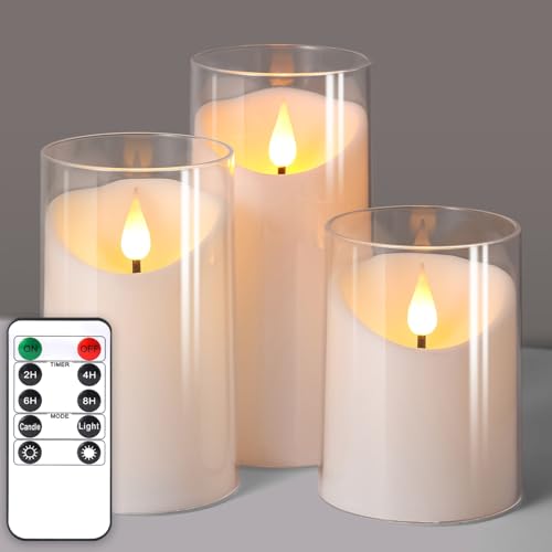 NURADA Flameless Candles with Remote Timer: 3D Wick Battery Operated Led Pillar Unbreakable Acrylic Fake Candle Set for Ho...