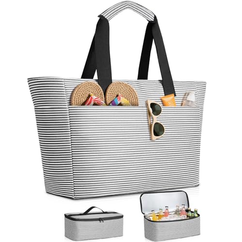 ISEYOU Beach Bag and Cooler Bag Set, 45L Waterproof XXL Foldable Tote with Zipper, 8 Pockets for Pool, Picnic, Travel