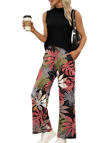 WIHOLL Two Piece Set for Women Summer Spring Outfits Cruise Travel Airport Beach Vacation Mock Neck Wide Leg Pants Set