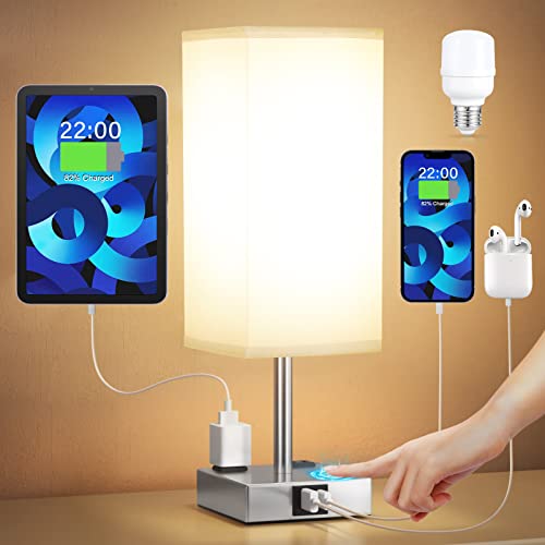 【Upgraded】Bedside Table Lamp Touch Control, with USB C+A Charging Ports & Dual AC Outlets, 3-Way Nightstand Lamp for Bedro...