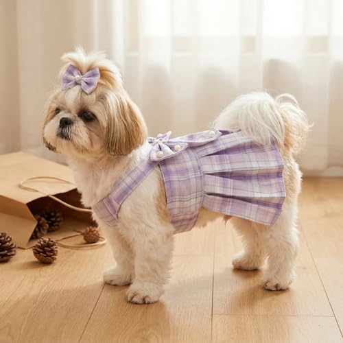 Yymobt Cute Plaid Dog Dress Clothes for Small Dogs Cats Girl Purple Plaid Dog Dress with Pearls Bow Tie Harness Leash for ...