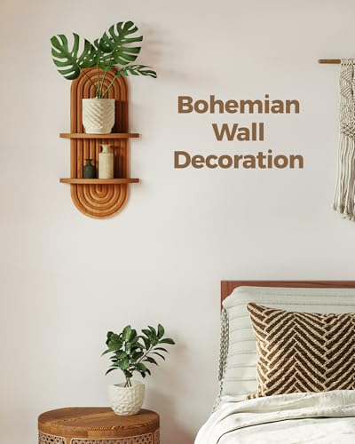 Bamworld Boho Wall Decor Brown Plant Wall Shelf Mid Century Modern Decor Hanging Plant Shelf 16.7in 2 Tier Wooden Floating...