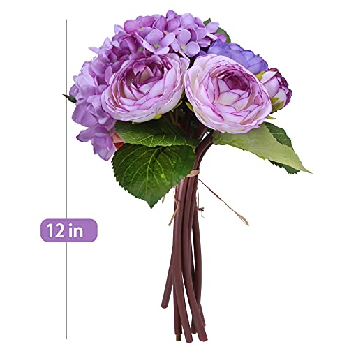 Felice Arts 12" Purple Hydrangea Silk Flowers Bouquet, Peonies Artificial Flowers for Wedding Bridal Bouquets Home Table C...