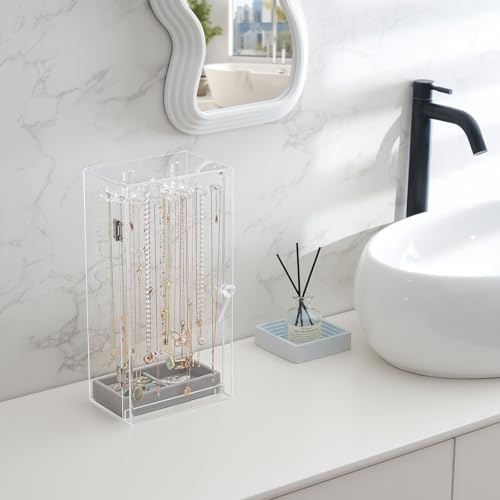 Lolalet Necklace Holder Organizer, Acrylic Jewelry Organizer with 24 Hooks, Rotating Clear Necklaces Display Box, Dust-pro...