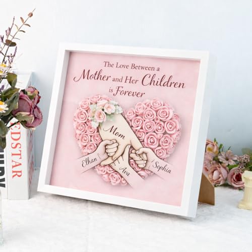 Personalized Mother’s Day Shadow Box Frame, Custom Mom Pink Rose Heart Art with Children Names, Unique Birthday Gift for G...