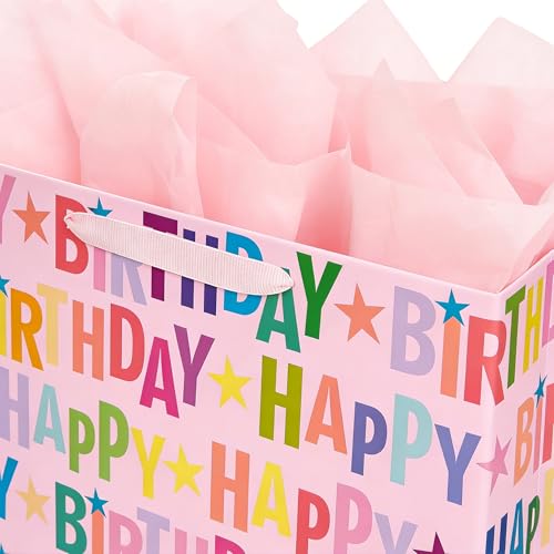 Yusenguan 13" Pink Happy Birthday Gift Bag, Colorful Lettering Design with Card, Tissue Paper and Sturdy Handles for Kids...