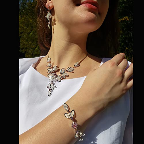 Rosemarie Collections Women's 3 Piece Rhinestone Crystal And Metal Mesh Floral Statement Necklace Bracelet Earring Jewelry...