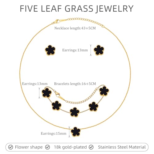 Gold Necklaces Bracelets Earring Set - 18K Gold Plated Flower Bracelet Chain,Stainless Steel Non Tarnish Floral Pendant St...