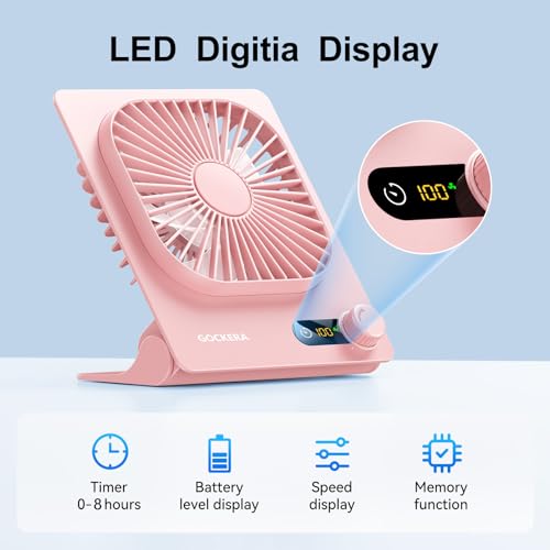 GOCKERA Desk Fan, 6.61''Ultra-thin Battery Powered Fan with Powerful Wind,100 Speeds Adjustable&Digital Display,Timer,Ultr...