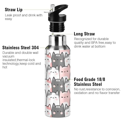 Cute Cats Kittens Water Bottle Kids Insulated Girls Boys Stainless Steel Hot Cold Water Flask with Straw Lid for Sports Gy...
