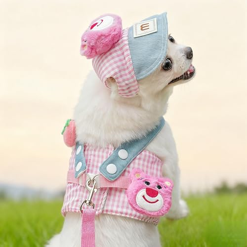 Layheld Cat Puppy Costume Sun Hat Leash Vest Harness 3pcs Set Cute Plaid Pattern Cartoon Plush Decor Pet Accessories for C...