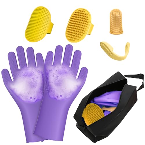MIYIJHY 7PCS Dog Bath Brush | Pet Grooming Gloves | Storage Bag | Soothing Massage Rubber Comb with Adjustable Ring Handle...