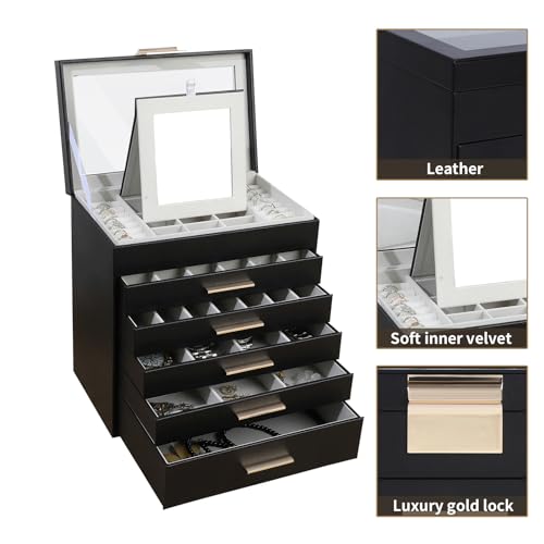 BOOVO Jewelry Boxes for Women, White and Black 6 Layer Large Jewelry Box for Necklace, Bracelet, Earrings, Rings Storage, ...