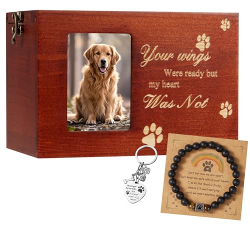 QMoveltyF Pet Urns for Dog or Cat Ashes Sets Pet Cremation Urns Medium Wooden Keepsake Memory Box with Photo Frame with Bl...