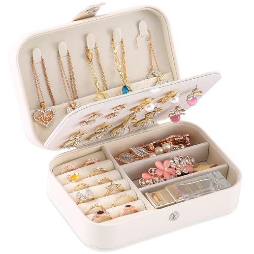 XZUZ Travel Jewelry Box, PU leather Small Jewelry Organizer For Female Girls, double layer portable mini travel case for s...
