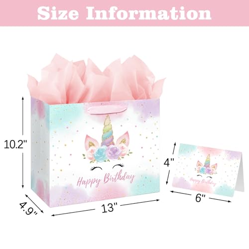 13" Large Unicorn Birthday Gift Bag with Card and Tissue Paper for Baby Girls and Kids Birthday (13in Pink)