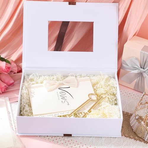 Weysat 12x9 Inches Gold Stamping Font Wedding Keepsake Box Cover with Photo Frame, White Wedding Memory Box with Ribbon fo...