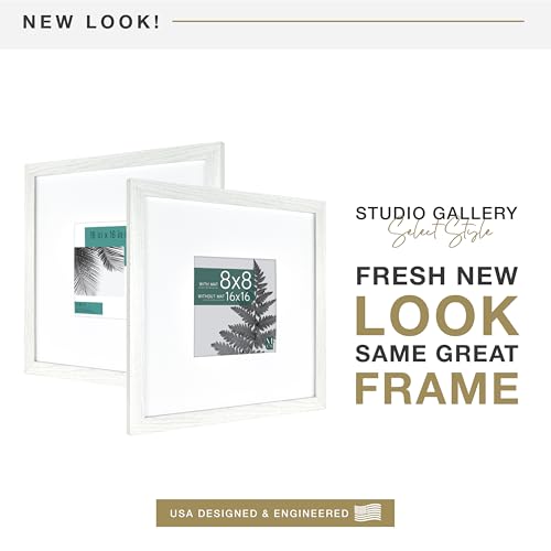 MCS Studio Gallery 16x16 Matted Photo Frame with 8x8 Picture Display, White Woodgrain Vertical & Horizontal Wall Hanging L...