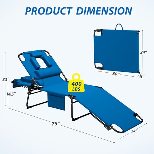 Candockway 400lbs Tanning Chair, 5-Fold Beach Lounge Chair with Face Hole & 2 Side Pockets, Non-Slip Foot & Portable Handl...