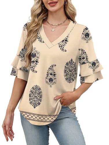 OFEEFAN Spring Tops for Women Boho Shirts Fashion Clothing Cute 3/4 Length Sleeve Blouses Dressy Casual Summer Outfits
