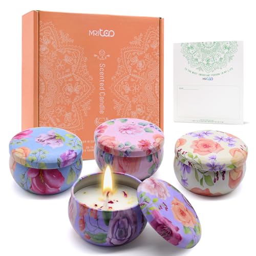 Scented Candles Gift Set for Women 4 Pack Soy Wax Candles with Dried Flowers Reusable Tin Aromatherapy Relaxation Gift for...