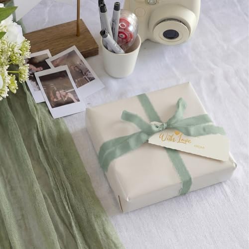 Ctosree Sage Green Wedding Gift Wrap Kit 32.81ft Wrapping Paper 3 Widths Fringe Satin Ribbon 12 Kraft Tags Elegant Packagi...