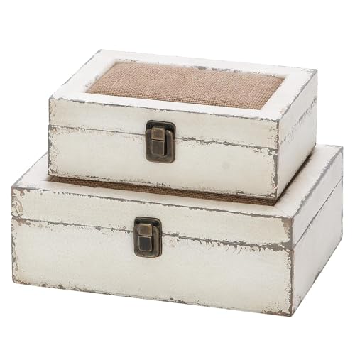 UPPER DECOR Rustic Ivory Decorative Storage Boxes with Lids Set of 2, Farmhouse Wooden Boxes for Home Decor, Keepsake Boxe...