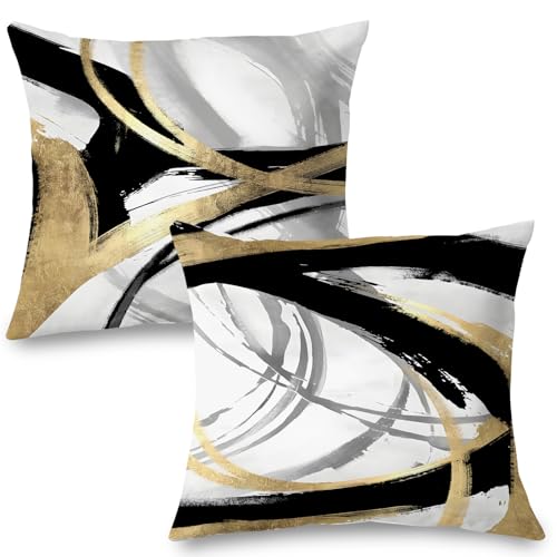 Supwhd Black White and Gold Pillow Covers, Abstract Black and Gold Pillow Covers 18x18 Set of 2, Modern Boho Home Decor, B...
