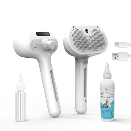 3 In 1 Steam Grooming Brush for Cats & Dogs, USB Rechargeable Hair Removal Comb with Spray Mist, Includes 200 ml Shampoo f...