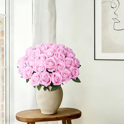 50 PCS Pink Roses Artificial Flowers, Real Looking Fake Roses with Long Stems Silk Flowers for DIY Wedding Bouquet Party C...