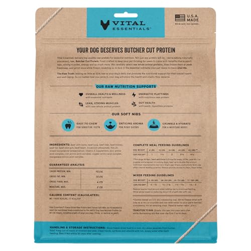 Vital Essentials Freeze Dried Dog Food, Raw Beef Soft Nibs | Complete Meal or Topper | 98% Beef, Organs & Bone | Limited I...