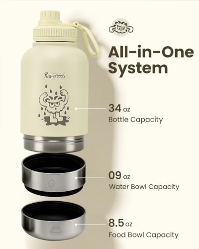 Pawccoli 34oz Dog Water Bottle, Stainless Steel Dog Water Bottle Dispenser with Detachable Food & Water Bowls, Keeps Water...