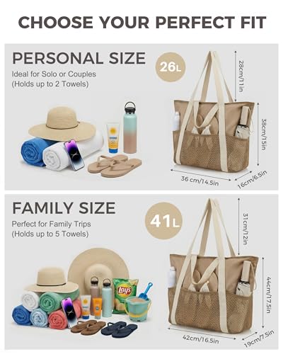 HOMESPON Beach Bag Large Waterproof Sandproof Tote for Women with Zipper and Mesh Pockets