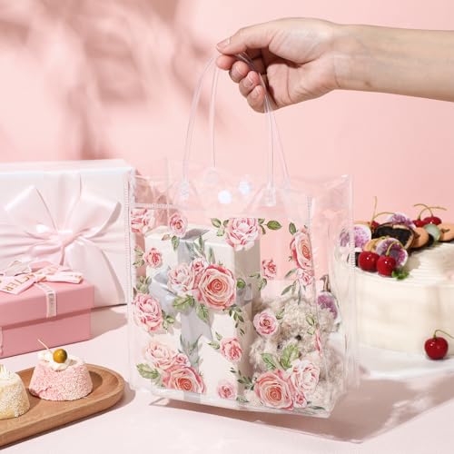 Aliceset 20 Pcs Mother's Day Clear Floral Gift Bags with Handles Flower Rose Party Goodie PVC Treat Bags for Tea Party Bab...