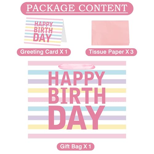Laidans 13" Large Happy Birthday Gift Bag with Handles and Tissue Paper, Cards for Girls Women Birthday Party Favors Wrap,...