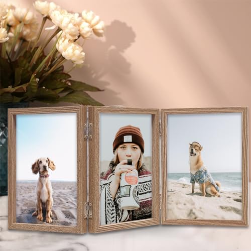TOFOREVO 4x6 3 Picture Frame Triple Wooden Three Hinged Photo Frame Definition Glass Stand Vertically on Desktop or Tabletop